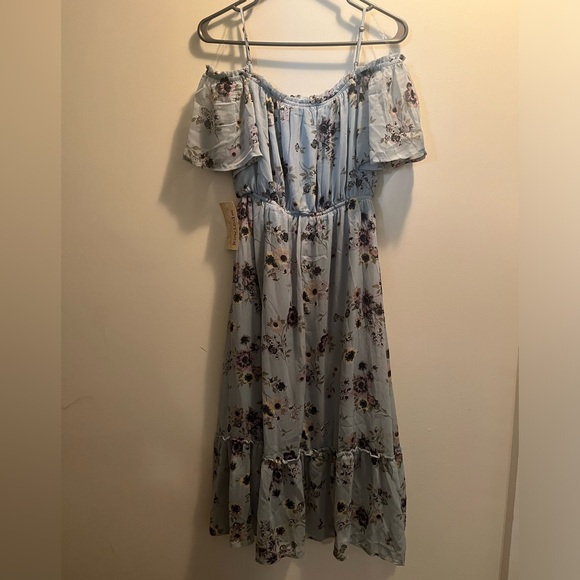 Rewind Womens Cold Shoulder Skater Dress Blue Floral Sz M - Picture 6 of 10